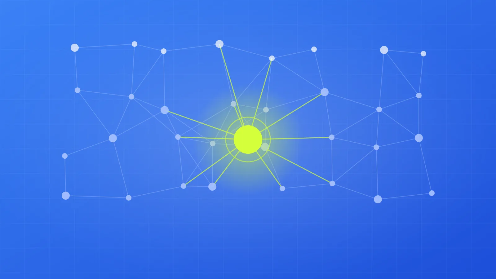 Illustration of a glowing central node connected to a network of smaller nodes