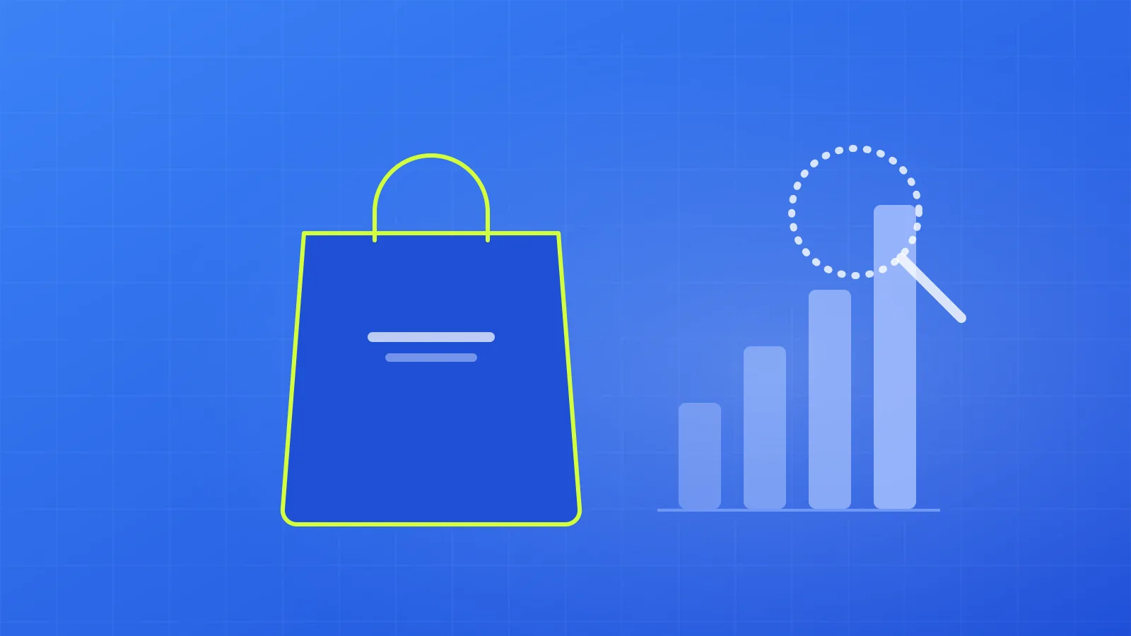 Illustration of a shopping bag beside rising bar charts and a magnifying glass