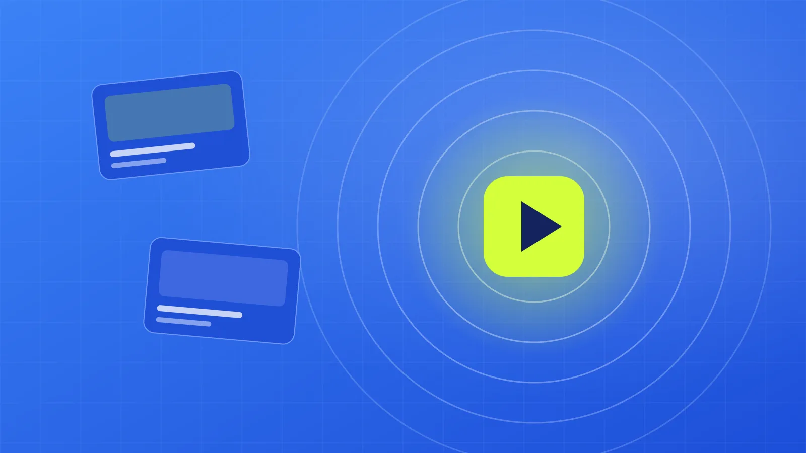 Illustration of a play button radiating broadcast rings beside floating content cards