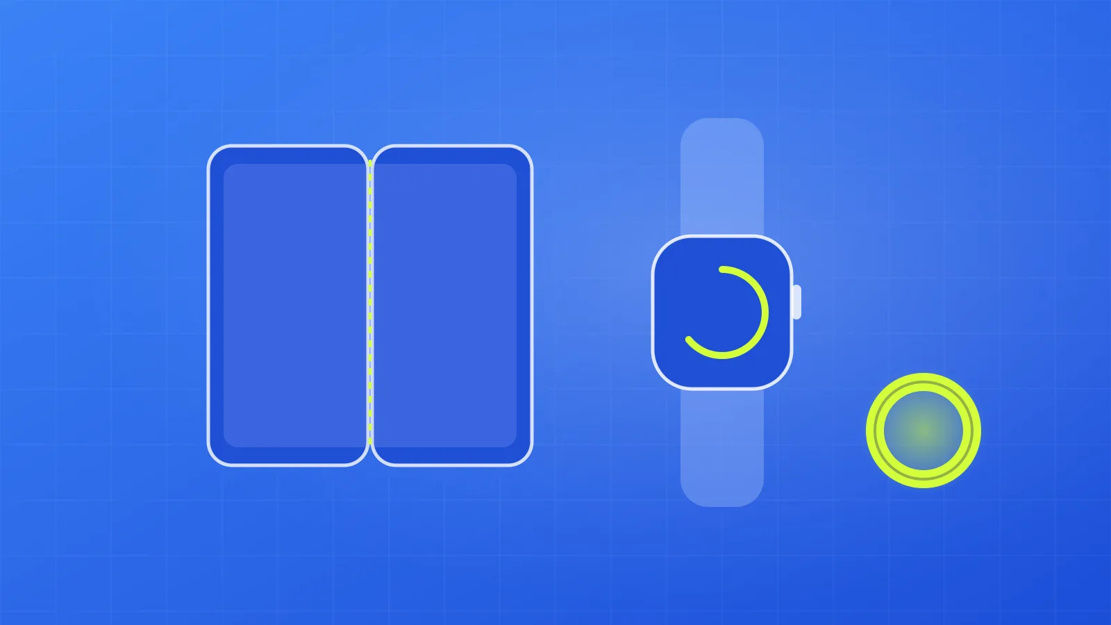 Illustration of a foldable phone, a smartwatch and a smart ring