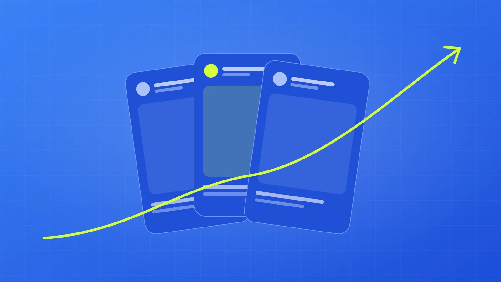 Illustration of three social media feed cards fanned out with a rising trend line